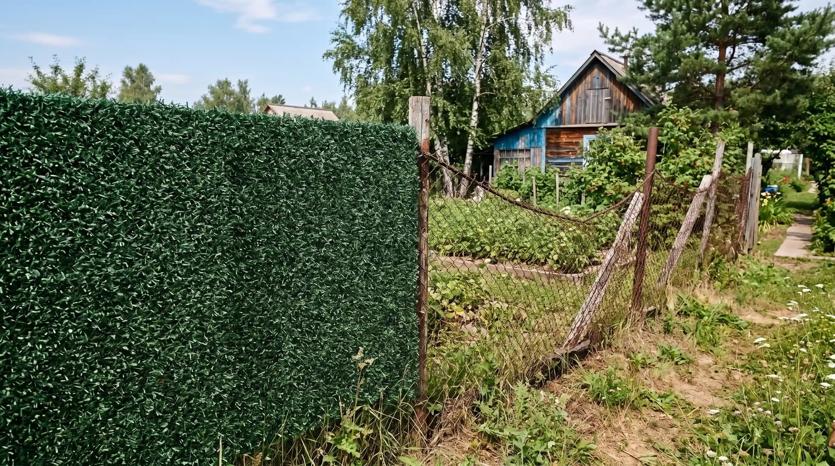 Зелёное полотно, натянутое на старую сетку-рабицу